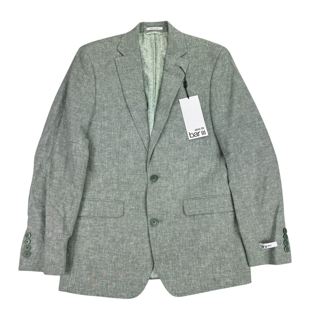 Bar III Mens Slim Fit Linen Cotton Solid Suit Jacket Green 36R